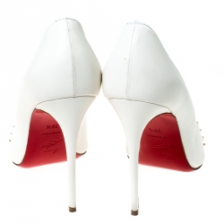 Pre Owned Christian Louboutin White Leather Bareta Spike Pointed Toe Pumps Size 39.5
