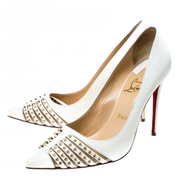 Pre Owned Christian Louboutin White Leather Bareta Spike Pointed Toe Pumps Size 39.5