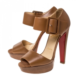Pre Owned Christian Louboutin Brown Leather Haute Retenue Ankle Strap Platform Sandals Size 36