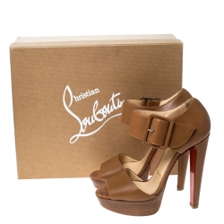 Pre Owned Christian Louboutin Brown Leather Haute Retenue Ankle Strap Platform Sandals Size 36