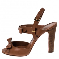 Pre Owned Christian Louboutin Tan Leather Bow Peep Toe Ankle Strap Sandals Size 39