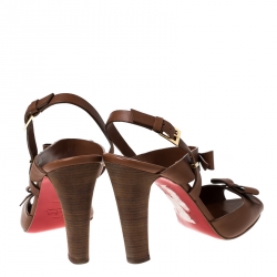 Pre Owned Christian Louboutin Tan Leather Bow Peep Toe Ankle Strap Sandals Size 39