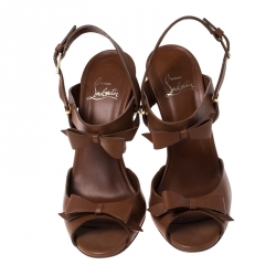 Pre Owned Christian Louboutin Tan Leather Bow Peep Toe Ankle Strap Sandals Size 39