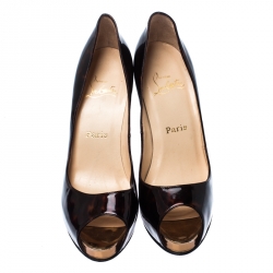 Pre Owned Christian Louboutin Brown/Black Patent Leather Hyper Prive Peep Toe Platform Pumps Size 38