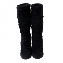 Pre Owned Christian Louboutin Black Pleated Suede Prios Mid Calf Boots Size 37.5
