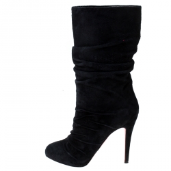 Pre Owned Christian Louboutin Black Pleated Suede Prios Mid Calf Boots Size 37.5
