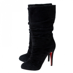 Pre Owned Christian Louboutin Black Pleated Suede Prios Mid Calf Boots Size 37.5