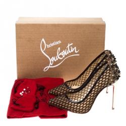 Pre Owned Christian Louboutin Black/Beige Spike Embellished Mesh and Leather Guni Pointed Toe Pumps Size 35.5