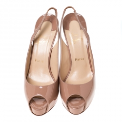 Pre Owned Christian Louboutin Beige Patent Leather Private Number Peep Toe Slingback Platform Sandals Size 40