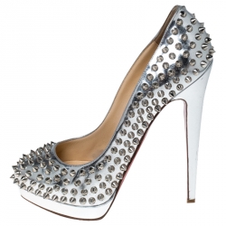 Pre Owned حذاء كعب عالي كريستيان لوبوتان ألتي سبايك نعل سميك جلد فضي ميتاليك مقاس 38.5