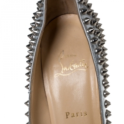 Pre Owned حذاء كعب عالي كريستيان لوبوتان ألتي سبايك نعل سميك جلد فضي ميتاليك مقاس 38.5