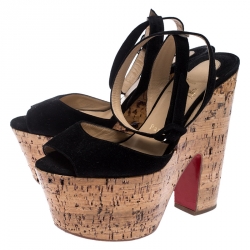 Pre Owned Christian Louboutin Black Suede Super Dombasle 160mm Wedge Sandals Size 37.5