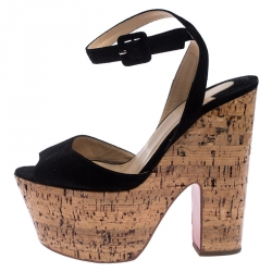 Pre Owned Christian Louboutin Black Suede Super Dombasle 160mm Wedge Sandals Size 37.5