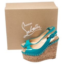 Pre Owned Christian Louboutin Green Patent Leather Monico Slingback Cork Wedges Size 38