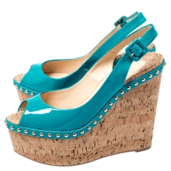 Pre Owned Christian Louboutin Green Patent Leather Monico Slingback Cork Wedges Size 38