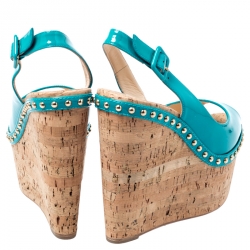 Pre Owned Christian Louboutin Green Patent Leather Monico Slingback Cork Wedges Size 38
