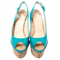 Pre Owned Christian Louboutin Green Patent Leather Monico Slingback Cork Wedges Size 38