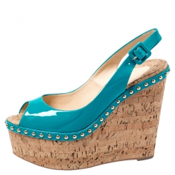 Pre Owned Christian Louboutin Green Patent Leather Monico Slingback Cork Wedges Size 38