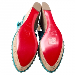 Pre Owned Christian Louboutin Green Patent Leather Monico Slingback Cork Wedges Size 38