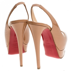 Pre Owned Christian Louboutin Beige Patent Leather Lady Peep Toe Slingback Platform Sandals Size 37