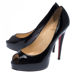 Pre Owned Christian Louboutin Black Patent Leather Hyper Prive Peep Toe Platform Pumps Size 39