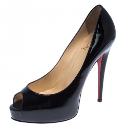 Pre Owned Christian Louboutin Black Patent Leather Hyper Prive Peep Toe Platform Pumps Size 39