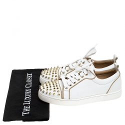 Pre Owned Christian Louboutin White/Gold Leather Louis Junior Spikes Sneakers Size 37