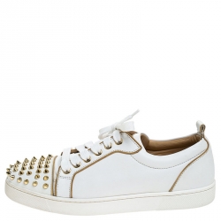 Pre Owned Christian Louboutin White/Gold Leather Louis Junior Spikes Sneakers Size 37