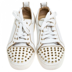Pre Owned Christian Louboutin White/Gold Leather Louis Junior Spikes Sneakers Size 37