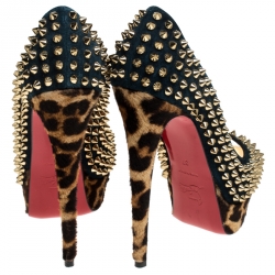 Pre Owned حذاء كعب عالي كريستيان لوبوتان ليدي سبايك مقدمة مفتوحة نعل سميك سويدي و شعر حصان مطبوع نقشة الفهد أزرق مقاس 37