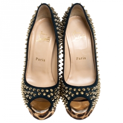 Pre Owned حذاء كعب عالي كريستيان لوبوتان ليدي سبايك مقدمة مفتوحة نعل سميك سويدي و شعر حصان مطبوع نقشة الفهد أزرق مقاس 37