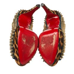 Pre Owned حذاء كعب عالي كريستيان لوبوتان ليدي سبايك مقدمة مفتوحة نعل سميك سويدي و شعر حصان مطبوع نقشة الفهد أزرق مقاس 37