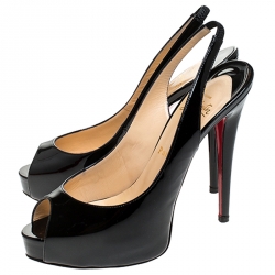 Pre Owned صندل كريستيان لوبوتان برايفت نومبير مقدمة مفتوحة فتحة كعب جلد لامع أسود مقاس 38.5