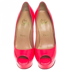 Pre Owned Christian Loubuton Bright Fluorescent Neon Red Leather Lady Peep Toe Platform Pumps Size 36.5