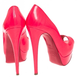 Pre Owned Christian Loubuton Bright Fluorescent Neon Red Leather Lady Peep Toe Platform Pumps Size 36.5