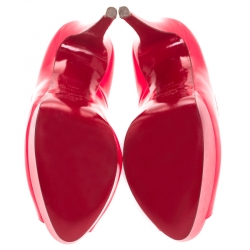 Pre Owned Christian Loubuton Bright Fluorescent Neon Red Leather Lady Peep Toe Platform Pumps Size 36.5