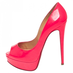 Pre Owned Christian Loubuton Bright Fluorescent Neon Red Leather Lady Peep Toe Platform Pumps Size 36.5