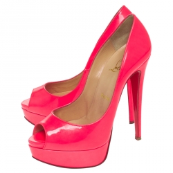 Pre Owned Christian Loubuton Bright Fluorescent Neon Red Leather Lady Peep Toe Platform Pumps Size 36.5