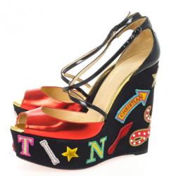 مملوكة مسبقًا Christian Louboutin Loubi Zeppa Crisscross Wedges Sandals Size 39.5