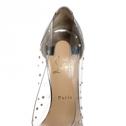 Pre Owned Christian Louboutin Metallic Silver Leather And PVC Degrastrass Crystal Embellished Pumps Size 38.5