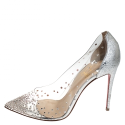 Pre Owned Christian Louboutin Metallic Silver Leather And PVC Degrastrass Crystal Embellished Pumps Size 38.5
