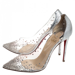 Pre Owned Christian Louboutin Metallic Silver Leather And PVC Degrastrass Crystal Embellished Pumps Size 38.5