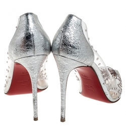 Pre Owned Christian Louboutin Metallic Silver Leather And PVC Degrastrass Crystal Embellished Pumps Size 38.5