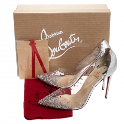 Pre Owned Christian Louboutin Metallic Silver Leather And PVC Degrastrass Crystal Embellished Pumps Size 38.5