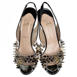 Pre Owned  Christian Louboutin Black Patent Leather And PVC Spikes Embellished Slingback Peep Toe Sandals Size 38.5