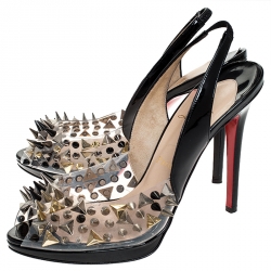 Pre Owned  Christian Louboutin Black Patent Leather And PVC Spikes Embellished Slingback Peep Toe Sandals Size 38.5