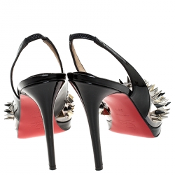 Pre Owned  Christian Louboutin Black Patent Leather And PVC Spikes Embellished Slingback Peep Toe Sandals Size 38.5