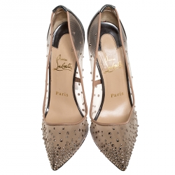 Pre Owned Christian Louboutin Metallic/Beige Crystal Embellished Mesh and Leather Follies Strass Pumps Size 38