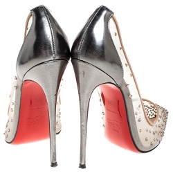 Pre Owned Christian Louboutin Metallic/Beige Crystal Embellished Mesh and Leather Follies Strass Pumps Size 38