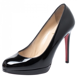 Pre Owned Christian Louboutin Black Patent Leather Simple Round Toe Pumps Size 35.5